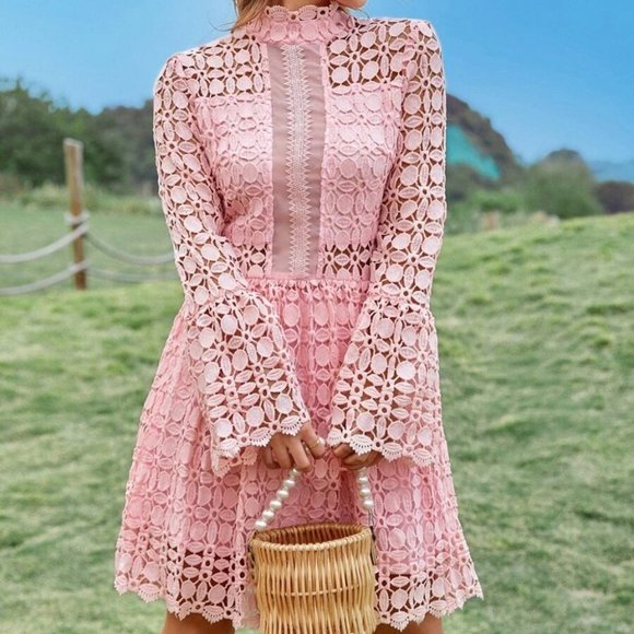 Mesh Insert Mock Neck Flounce Sleeve Lace Dress PINK - Picture 3 of 7
